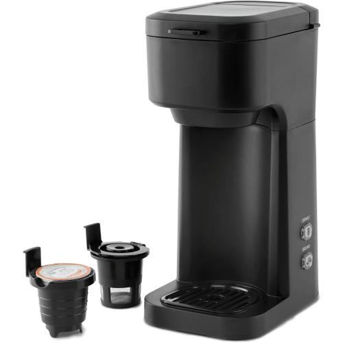 Compact Single Serve Dual Brew Coffee Maker - Compatible with Ground Coffee or K-Cups Pods | Adjustable Cup Size | Home & Office Coffee Brewer