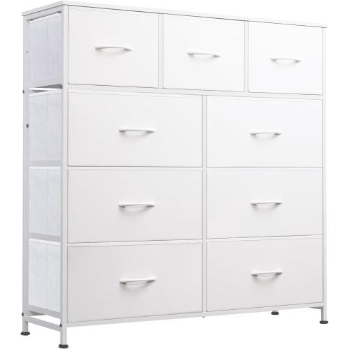 Size 39.6 L x 11.8 W x 39.5 H. Color White WLIVE 9-Drawer Dresser, Fabric Storage Tower for Bedroom, Hallway, Closet, Tall Chest Organizer Unit for Bedroom with Fabric Bins, Steel Frame, Wood Top, Easy Pull Handle, White