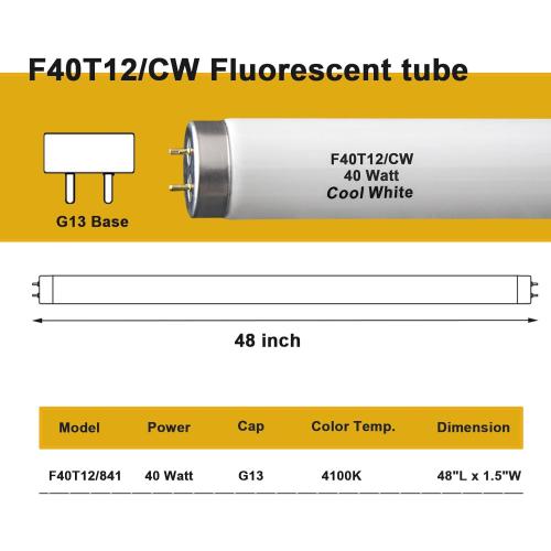 (6 Pack) F40T12 48 inch luorescent Bulbs,T12 4 Foot Linear Fluorescent Tube,40 watts,2600 lumens,4100K Cool White,Replacement Tubes for Sylvania 21371 F40CWX,Philips 423129 F40T12/CW