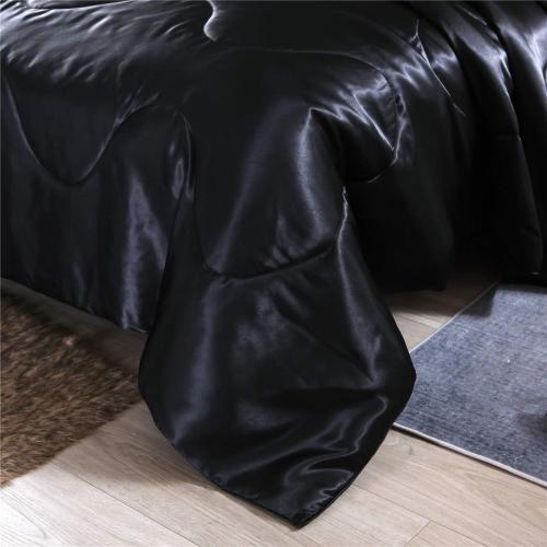 Satin Comforter Set Queen Black, Soft Lightweight Microfiber Luxury Sexy Quilted Bedding Sets with 2 Matching Pillow Covers for Summer Spring Autumn