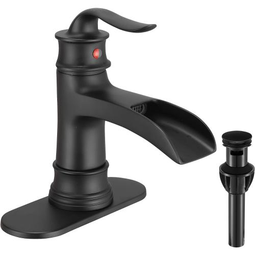 FRANSITON Waterfall Faucet Bathroom Faucet Single Handle One Hole Matte Black Finish Large Spout Lavatory Faucets (Matte Black)