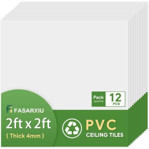 24x24 White Drop Ceiling Tiles Waterproof High-Grade PVC Ceiling Tiles 2x2 Fire-Rated - Easy Drop-in Installation - Case of 12 (48 sq. ft.)