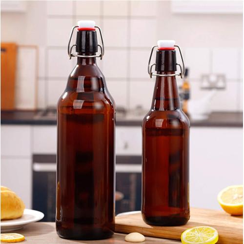 Glass Bottles, Refillable Brown Glass Storage Bottle with Swing Top Lids, Amber Iron Clasp Bottles with Stickers&Pen for Home Brewing, Drinks, Sauces, Industrial products, etc (1000ML, 8 PCS)