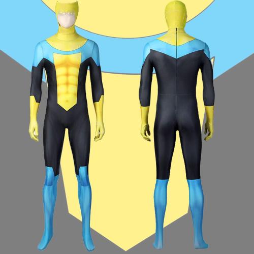 Invincible Cosplay Costume Mark Cosplay One-piece Skinny with Head Covering Blue Bodysuit Set for Men