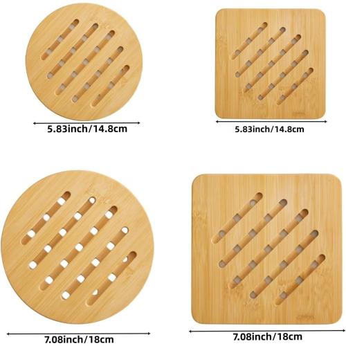 Hot Pads Trivet,Table Solid Bamboo Wood Trivets for Hot Dishes and Pot with Non-Slip Pads Heat Resistant Pads Teapot Trivet 4pcs(Multi Size,2 Square 2 Round)
