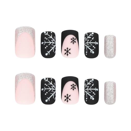 Square Snowflake Press on Nails Short Christmas Fake Nails Black & Sliver French Tip Acrylic Nails with Designs, Full Cover Stick on Nails Winter Artificial False Nails Cute Glue on Nails for Women