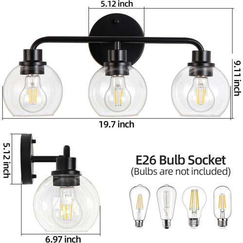 Bathroom Light Fixtures Black Vanity Light, 3 Light Modern Wall Sconces Lighting Bathroom Lights with Globe Clear Glass Shades, Bath Wall Lights Wall Lamp for Mirror Kitchen Living Room Hallway