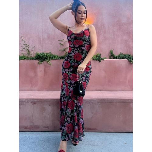Size L...Women's Floral Print Tie Shoulder Long Vacation Maxi Dresses