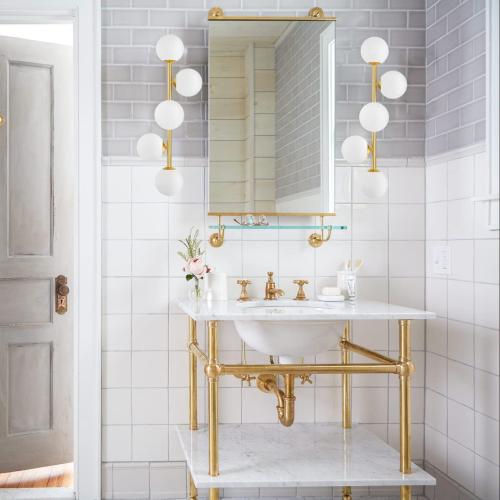 Mid Century Modern Bathroom Vanity Lights, 5-Light Bathroom Light Fixtures Brass Gold Bathroom Lights Semi-Flush Mount Ceiling Light, Gold Wall Sconce Wall Light with Globe Frosted Milk Glass, G9 Base