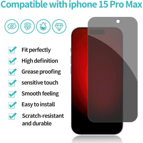 PEHAEL 2 2 Pack for iPhone 15 Pro Max Privacy Screen Protector with Camera Lens Protector Full Coverage Anti-Spy Tempered Glass Film 9H Hardness Easy Installation Bubble Free [6.7 inch]