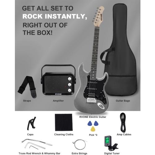 RST-150 39 Beginner Electric Guitar Kit with Amp & HSS Pickups | Complete Starter Set for Newcomers w/Essentials | Gig Bag, Extra Strings, Digital Tuner, Capo, Strap | Home Practice (Black)