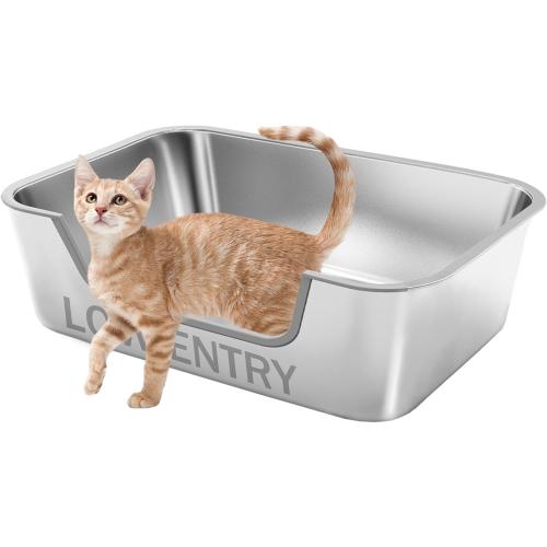 Stainless Steel Cat Litter Box with Low Entry,Litter Pan for Small and Medium Cats,Easy to Clean,Non-Stick,Odor-Free,Suitable for Kittens,Senior Cats and Injured Pets,15.7x11.8x5.9