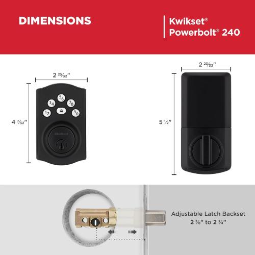 Kwikset Powerbolt 240 5-Button Keypad Matte Black Traditional Electronic Deadbolt Door Lock, Featuring Convenient keyless Entry, Customizable User Codes and auto Locking