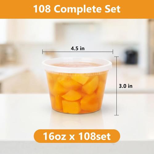 NESCCI 108 Sets (216-Piece) Deli Containers with Lids,16oz X 108 Set Each, Leak-Proof & BPA Free Airtight Takeout Plastic Food Storage Containers for Soup, Meal Prep, Microwave/Freezer Safe