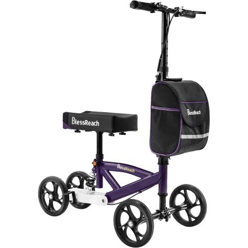 BlessReach Steerable Knee Walker Deluxe Medical Scooter for Foot Injuries Compact Crutches, with Dual Rear on-Wheel Brake and Shock Absorption Under The Knee pad（Purple）