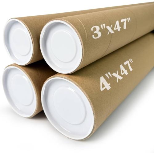 4-Pack Mailing Tubes with Caps, Paper Cardboard Storage Tubes for Shipping, Prints, Documents, Crafts & Golf Clubs (4in*47in, 3in*47in)