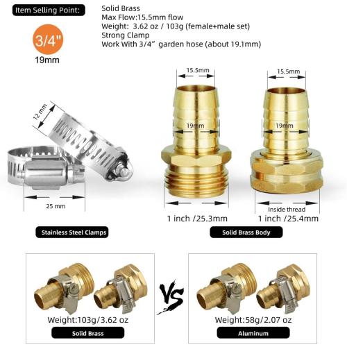 PLG Solid Brass Garden Hose Repair Kit - Heavy Duty Connector with Stainless Steel Clamps - Leak-Proof Mender for 3/4 Hose Fittings - Easy Install for Hose End Replacement & Custom Lengths, 2 Pack