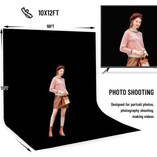 BEIYANG 8.5X10 FT Photo Background Stand with 10X12 FT Black Backdrop Screen, Adjustable Background Holder Support System Kit for Photography Video, Parties Decoration with Carry Bag & Clamps