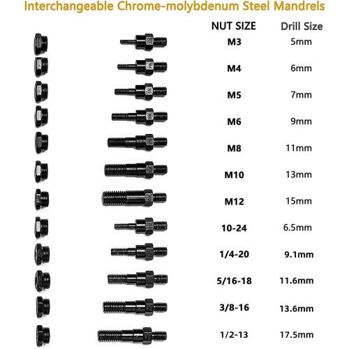 Size 16 RZX 16 Rivet NUT Tool Hand Blind Riveter,RIVNUT Riveting Tools with Nut Setting System M3 M4 M5,m6,m8,m10 M12, 10-24, 1/4-20, 5/16-18,3/8-16,1/2-13 Totally 12 mandrels