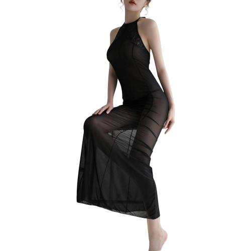 size M- Sexy Night Gowns for Women Lace Hanging Neck Lingerie Sheer Dress Long Nightgown Mesh Sleeveless Nightgowns brown.