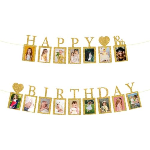 Happy 18th Birthday Photo Banner 18 Year Old Party Decorations, Eighteen Birthday Picture Frame Banner 18th Photo Frame Party Supplies Bunting Decor, Gold