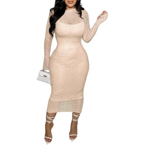 SIZE LARGE HAUTE MONDE Sexy Lace Dresses Long Sleeve See Through Bodycon Midi Dress 2 Piece Dress Set Birthday Date Night Outfit