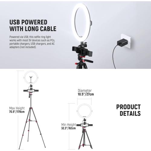 NEEWER Basics 10 Selfie Ring Light with Tripod Stand/3 Phone Holders Compatible with iPhone/3 Cold Shoes/Remote, LED Ringlight Lighting for YouTube TikTok Vlog Video Recording Makeup Streaming, R11