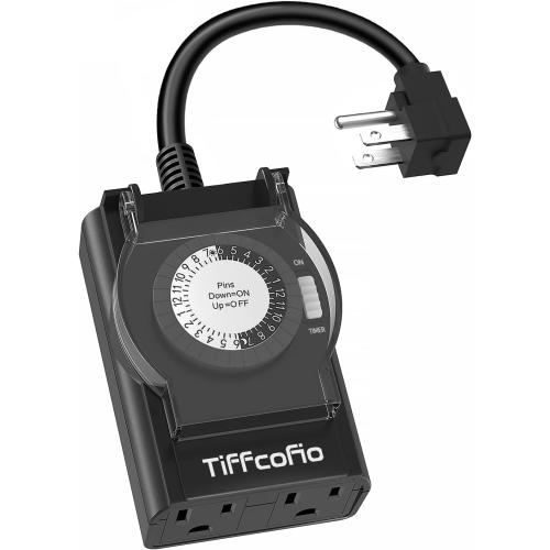 TiFFCOFiO Outdoor Timer Outlet Waterproof, 24 Hour Mechanical Light Timer Outdoor, 2 Grounded Outlets for Home and Garden, 15A 1/2HP, Heavy Duty, ETL Listed (1 Pack)