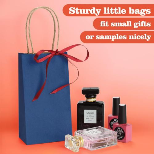 BagDream 100Pack 3.5x2.4x6.7 Inches Small-Kraft-Paper-Gift-Bags with Handles Bulk-Mini-Party-Favor-Gift-Bags Recyclable Tiny Navy Blue Paper Sacks for Samples, Candy