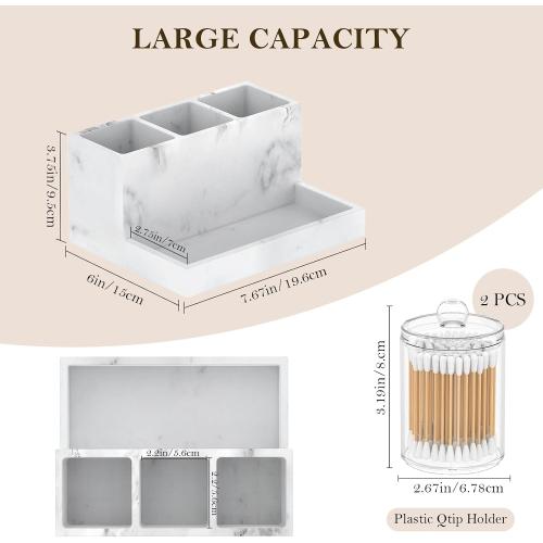 Toothbrush Holder for Bathroom with 2PCS Qtip Holder Dispenser, 3 Slot Bathroom Accessories Holder Floss Cotton Swab Holder Bathroom Vanity Tray for Perfume Comestic Organizer Counter Storage, White