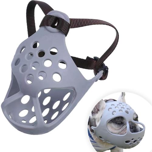 Grey Short Snout Dog Muzzle- Adjustable Soft Silicone Flat Faced Muzzle Bulldog Muzzle Breathable Dog Mask for Biting Chewing Training Licking and Grooming