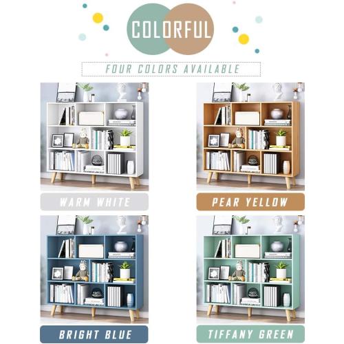 IOTXY Wooden Open Shelf Bookcase - 3-Tier Floorstanding Display Cabinet Rack with Legs, 8 Cubes Free Standing Bookshelf, Bright Blue