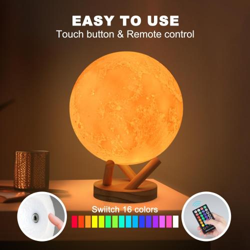 Moon Lamp, Sliding Control Moon Night Light, Kids Night Light, 16 Colors Moon Light with Unique Stand, Remote&Sliding Control, Timing, USB Rechargeable, Gift for Kid Friend Lover, 6 in
