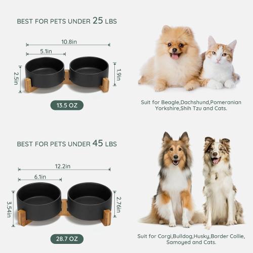 1.7 Black and Wooden SPUNKYJUNKY Ceramic Dog and Cat Bowl Set with Wooden Stand, Modern Cute Weighted Food Water Set for Small Size Dogs (13.5OZ) & Medium Sized Dogs (28.7OZ) & Cats (1.7 Cups, 2 × Black