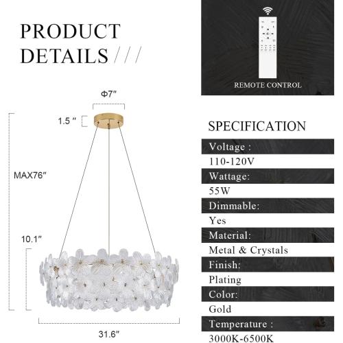 D32’’ Flower Luxury Crystal Modern LED Chandelier Gold Dimmable 3000-6500K Large Contemporary Chandeliers Light with Remote Control for High Ceiling Foyer Living Room Bedroom Entryway
