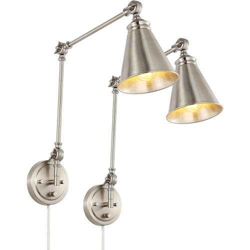 Vintage Industrial Swing Arm Wall Lamp   Adjustable Head, Plug in/Wall Mount   Cord Covers, Brushed Nickel Finish, 2-Pack .Suitable for Living Dining Bedroom (Brushed Nickel)
