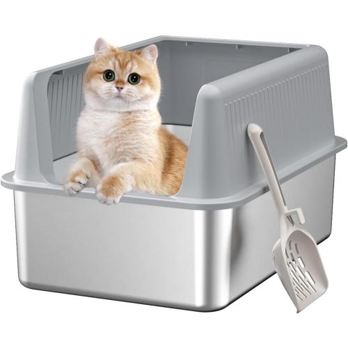 Stainless Steel Cat Litter Box with Lid,XL,19.7” L x 13.8” W x 11.8”H Deep,Large Metal Litter Box with High Side,for Small and Large Cats,Anti-Leakage Non-Sticky Easy Cleaning Include Litter Scoop