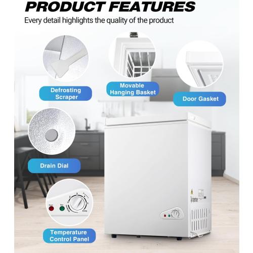 Chest Freezer, Deep Freezer 5 Cubic Feet with Removable Baskets & 6 Adjustable Temperature & Top Open Door, White Mini Deep Freezer Compact Freezer Suitable for Apartments(Down to -18°F)