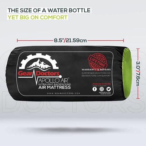 Green and Black Gear Doctors Ultralight 17oz Camping Sleeping pad ApolloAir - Compact, Warm 5.2 R-Value 4 Season Air Mattress, Perfect for Backpacking, Hiking - Lightweight Inflatable & Compact Sleep Pad