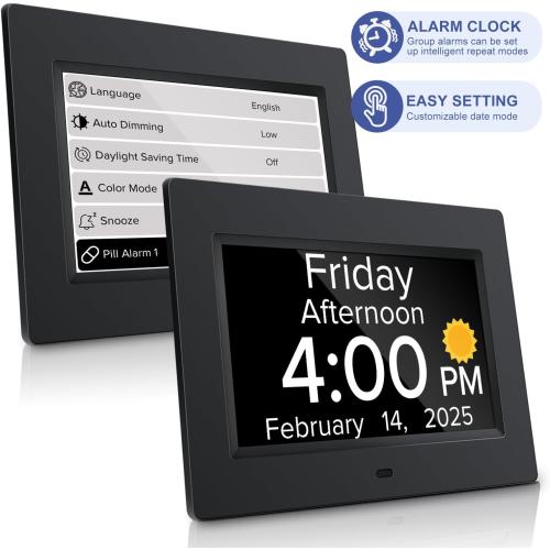 Digital Alarm Clock with Date and Day of Week for Dementia Seniors, Voice Announcement Time, Multiple Alarm Sets, Auto DST, Designed Specifically for Elderly - Black