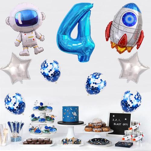 Astronaut Rocket 4th Birthday Party Balloons Jumbo Spaceman Birthday Balloons Outer Space Theme Foil Balloons 32 Inch Blue Number 4 Helium Balloon for Birthday Party