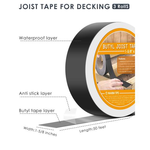 3 Pack PACETAP Deck Joist Tape for Decking, 1-5/8 x 50', 3 Rolls Waterproof Butyl Tape, Black
