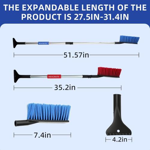 Extra Long Telescoping Car Snow Brush & Ice Scraper - Adjustable 35.2 to 51.57 Handle, Wide Bristles for SUV & Truck Windshields (Blue)