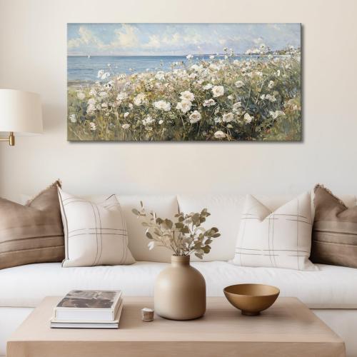 large Canvas Wall Art Coastal Flowers Wall Painting Beach Floral 3d Textured Picture Landscape Wildflowers Artwork Prints Seascape Aesthetic Artwork for Living Room Office Home Decoration 24x48