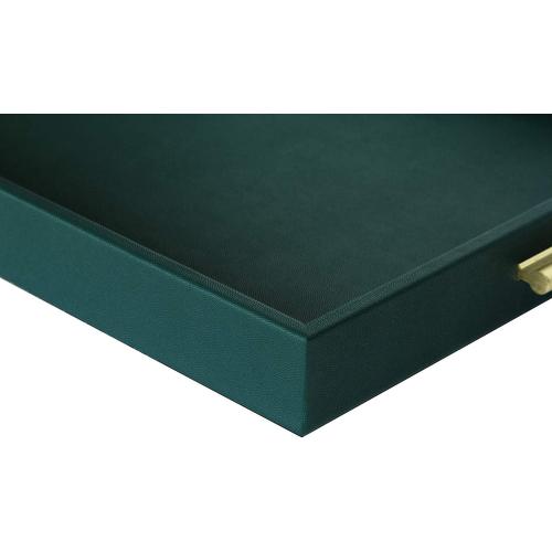 HofferRuffer Extra Large Serving Tray with Handles, Elegant Faux Leather Storage Decorative Tray for Coffee Table, Ottoman, Console Table (Green Tray Golden Handle)