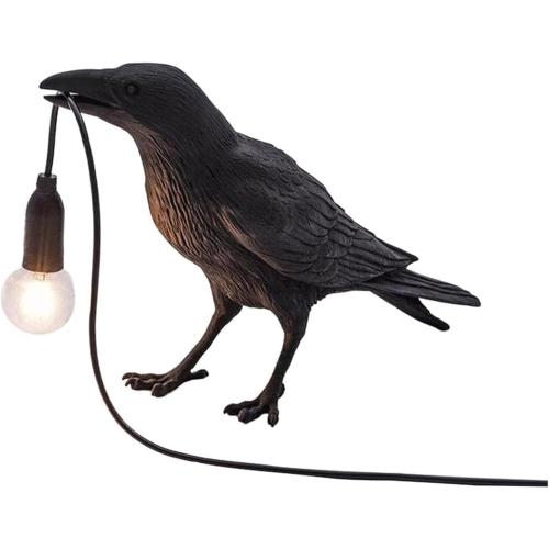 Gothic Raven Table Lamp with E14 Base - Lifelike Crow Bird Desk Light for Bedroom, Bedside & Home Decor - Animal Styling Resin Gothic Lamp (Black)
