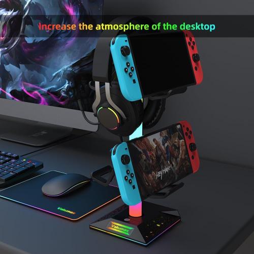 Headset and Controller Stand for Desk with Charging Hub - 2 USB   USB-C Ports, RGB Gaming Headphone Holder with 10 Color Modes, Desk Organizer for Earphone Support, PC Gamer Accessory Gift