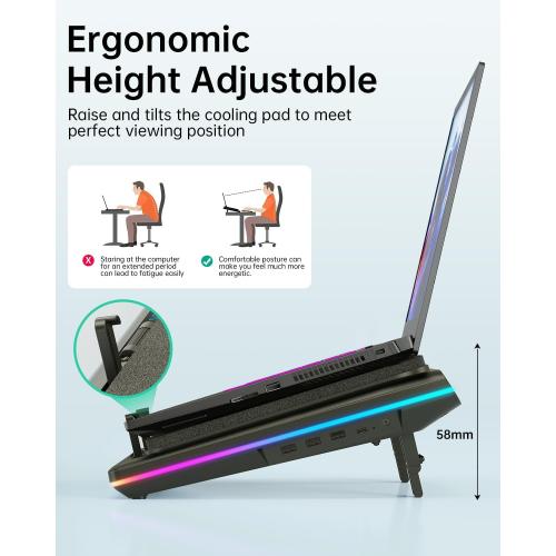 llano V12 RGB Laptop Cooling Pad, Gaming Laptop Cooler, Laptop Cooling Fan Stand with 5.5 Inch Powerful Turbofan, for 15.6-19in Laptop, Adjustable Speed, Touch Control, LCD Screen, Black (RGB)