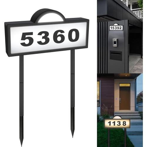 GEYUEYA Solar House Number for Outside, Address Numbers for House,IP65 Waterproof House Number Sign With Dual 3200k Warm White & 6500k Cold White Led, Address Sign Wall Mounted/In Ground for Yard
