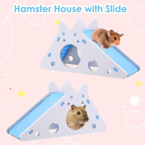 TIESOME Hamster House with Ladder and Slide, Wooden Hamster Play Toys Hideout Hut Gerbil Rat Hideaway Small Animal Activity Toy DIY Hamsters Cage Accessories for Small Pets(Blue)